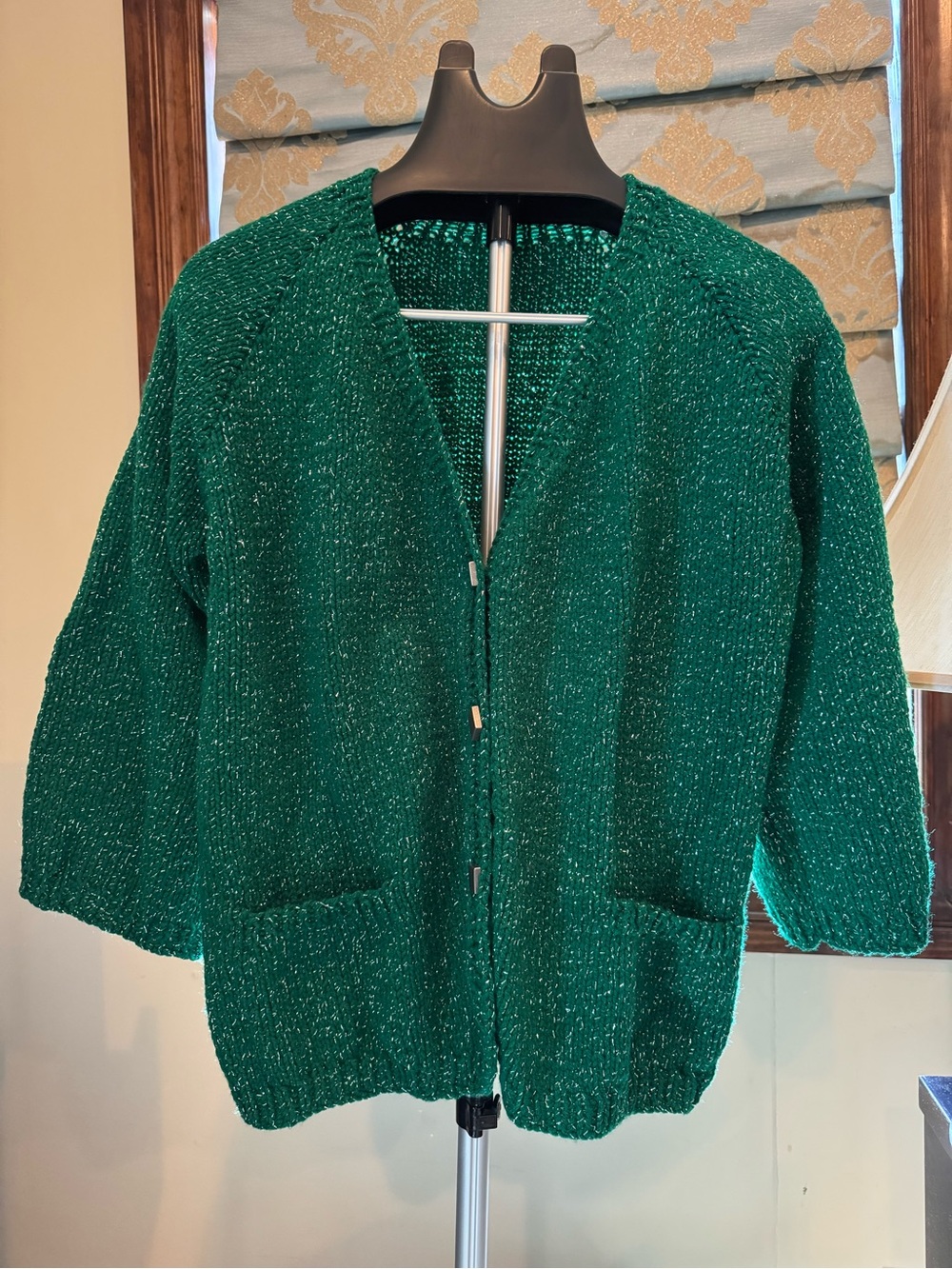 Handmade knitted Green Shimmery Open Cardigan with Pocket Detail